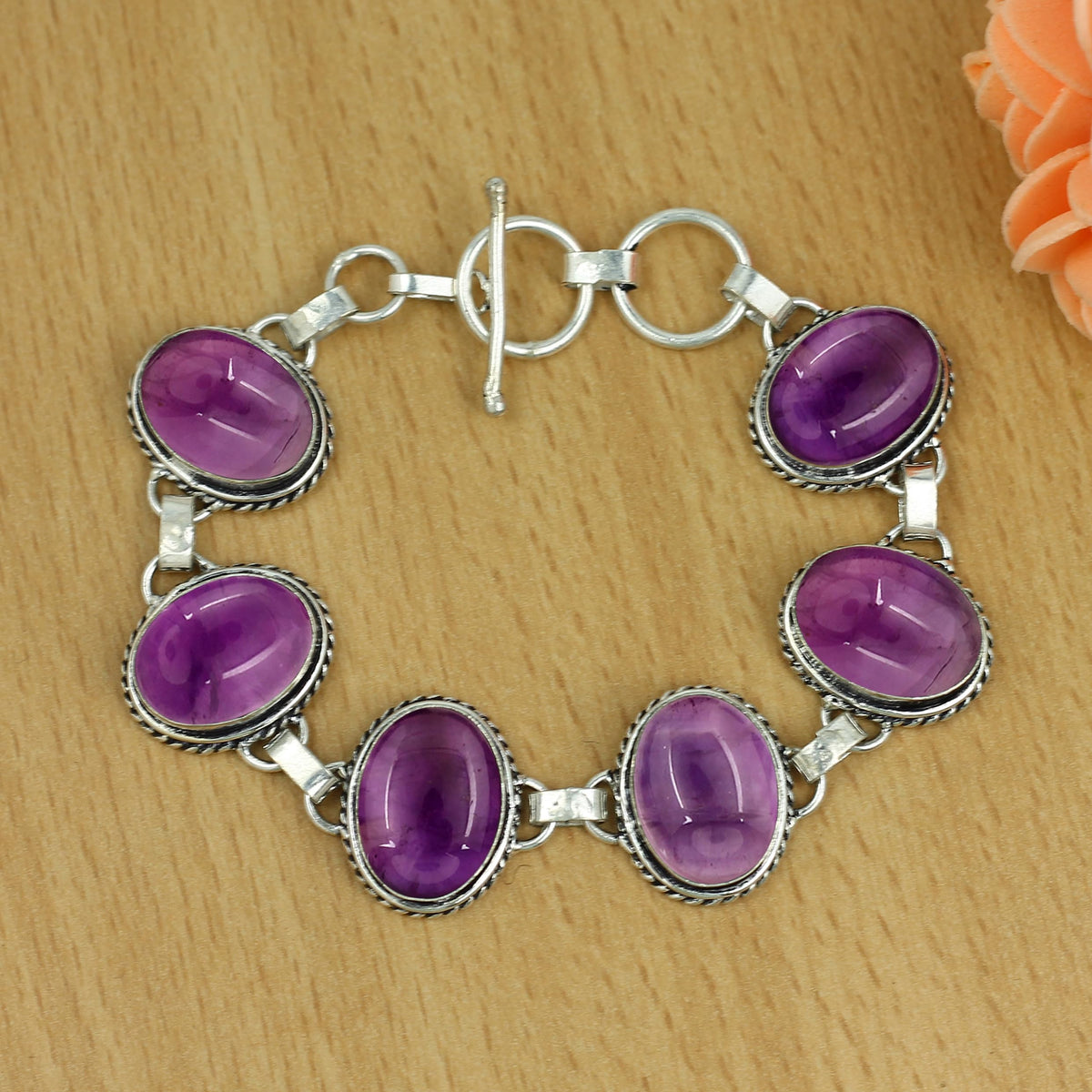 Natural Amethyst Silver Plated Handmade Link Bracelet for Women - February Birthstone Oval Gemstone Adjustable Bracelet Vintage Style Jewelry - Enegagement Wedding Christmas Gifts for Her
