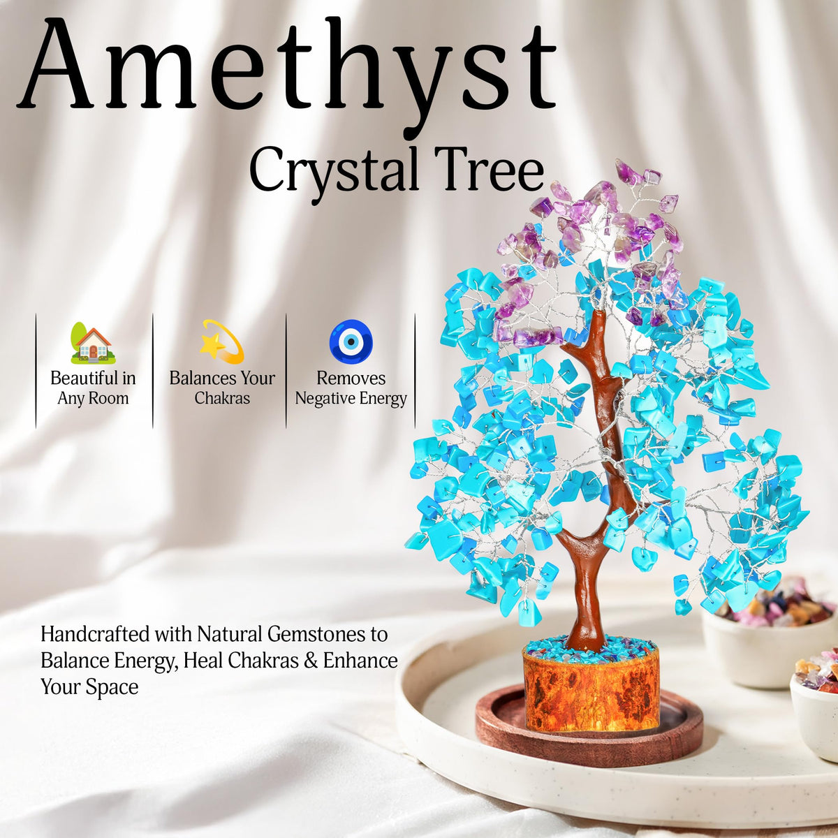 YATSKIA Turquoise and Amethyst Crystal Tree of Life - Gemstones and Crystals - Crystal Decor - Good Luck Gifts