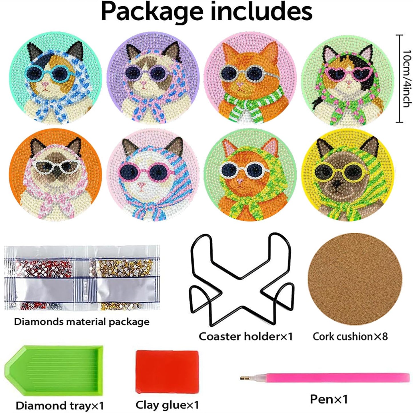 Yijingtop 8 Pcs Retro Cat Diamond Painting Coasters Kits with Holder,Funny Cat Diamond Art Coasters with Wooden Cork,DIY Round Drill Small Diamond Art for Adults for Home Wall Decor