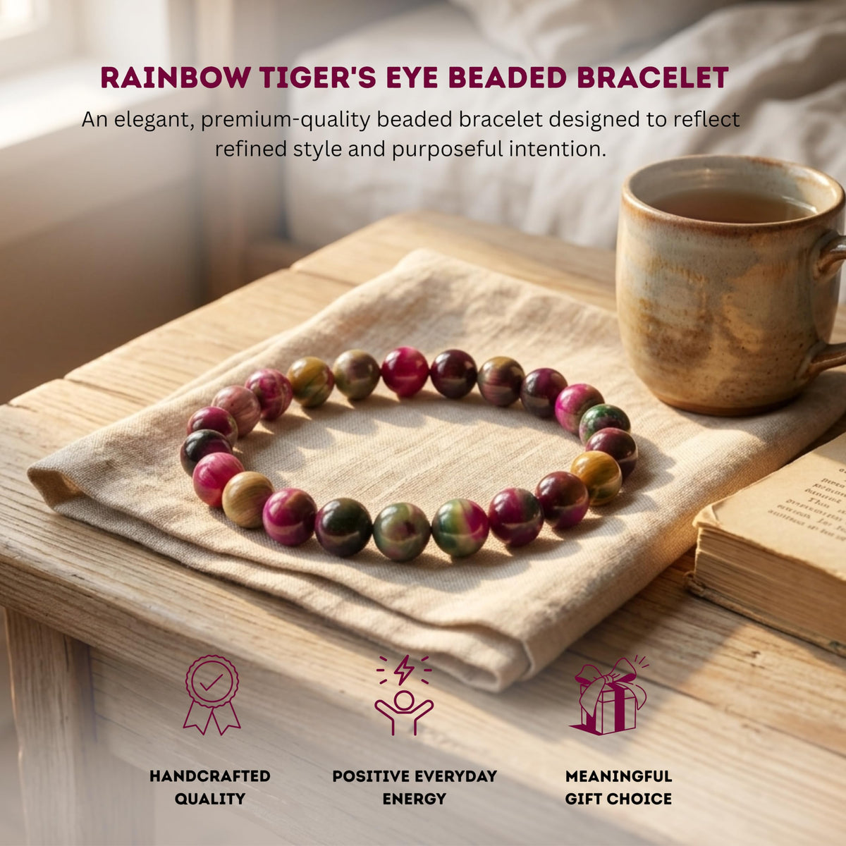 Cherry Tree Collection Rainbow Tiger's Eye Beaded Bracelet – Genuine 8mm Gemstone Stretch Bracelet for Men & Women – Handmade Crystal Bracelet - (Rainbow Tiger's Eye - S)