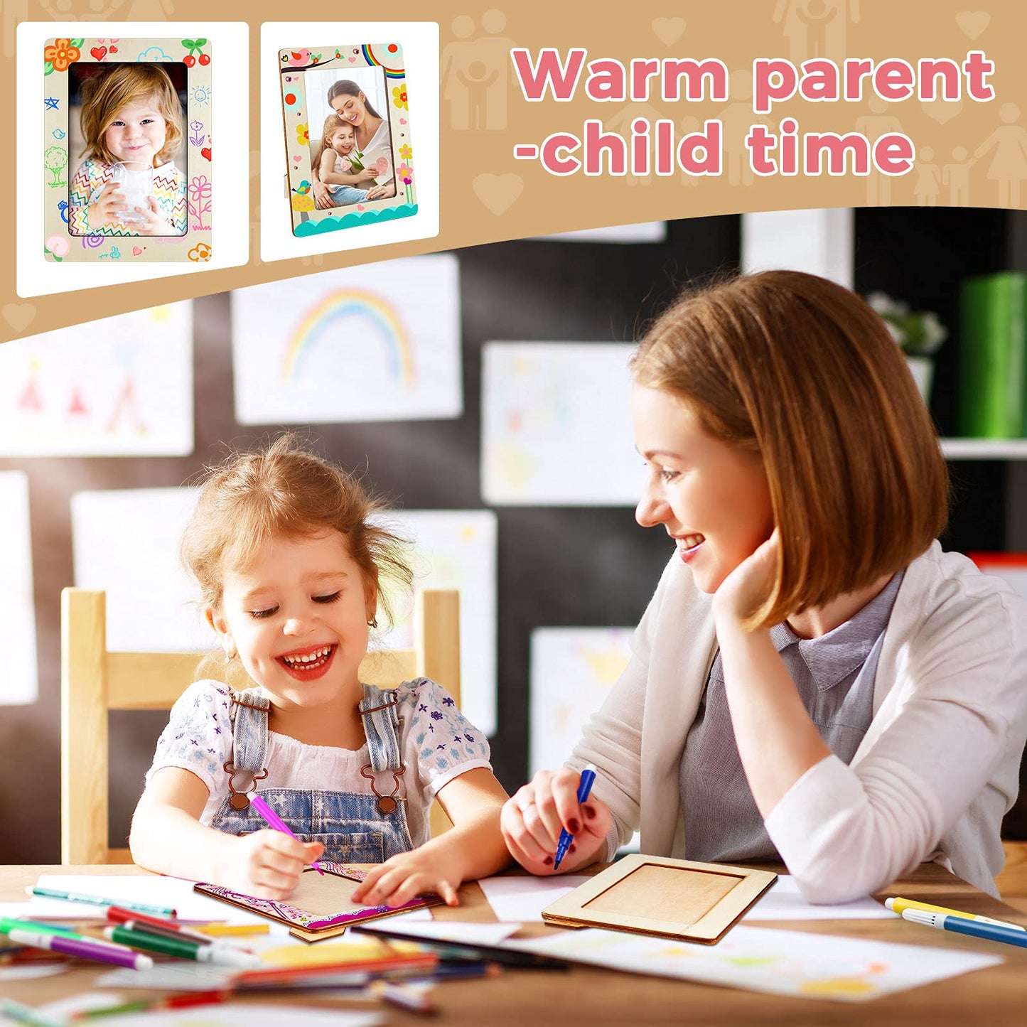 Zonon Picture Frame Painting Craft Kit Wooden Picture Frames for 4 x 6 Photo with 12 Painting Color Pens, 4 Diamond Sticker Sheets for Graduation Home for DIY Craft(8 Pieces)
