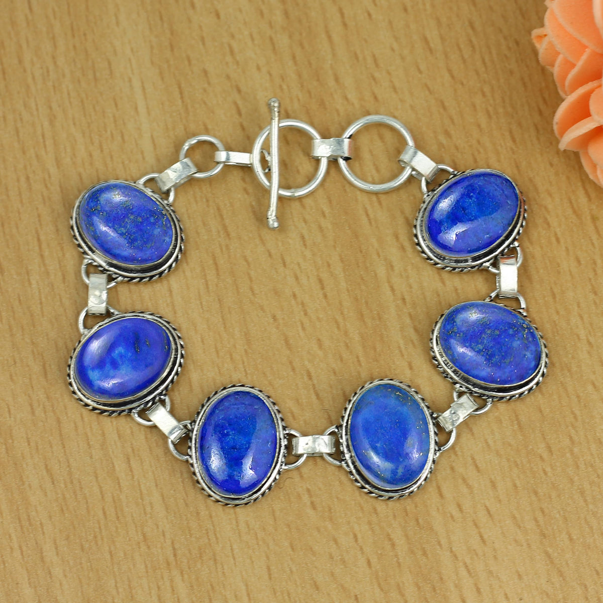 Natural Lapis Lazuli Silver Plated Handmade Link Bracelet for Women - September Birthstone Oval Gemstone Adjustable Bracelet Vintage Style Bohemian Jewelry - Mother's Day Gifts for Her