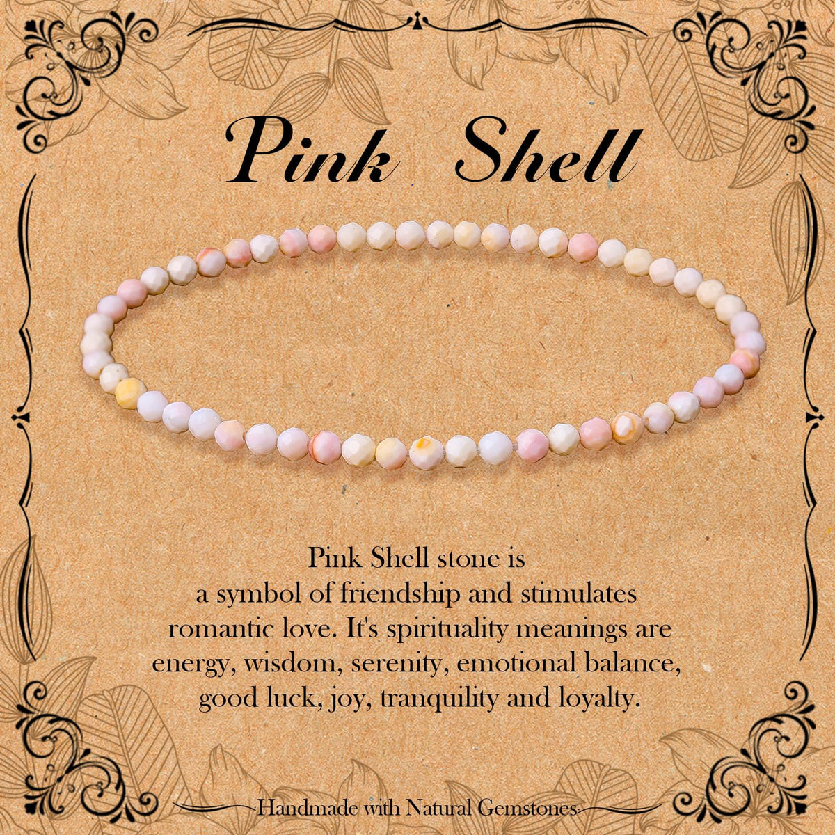 BONNY BOXX Natural Genuine Gemstone Faceted Round Beads Bracelets, 3mm Adjustable Stretchy Tiny Faceted Pink Shell Bracelet, Healing Crystal Reiki Chakra Dainty Jewelry Fashion Gifts