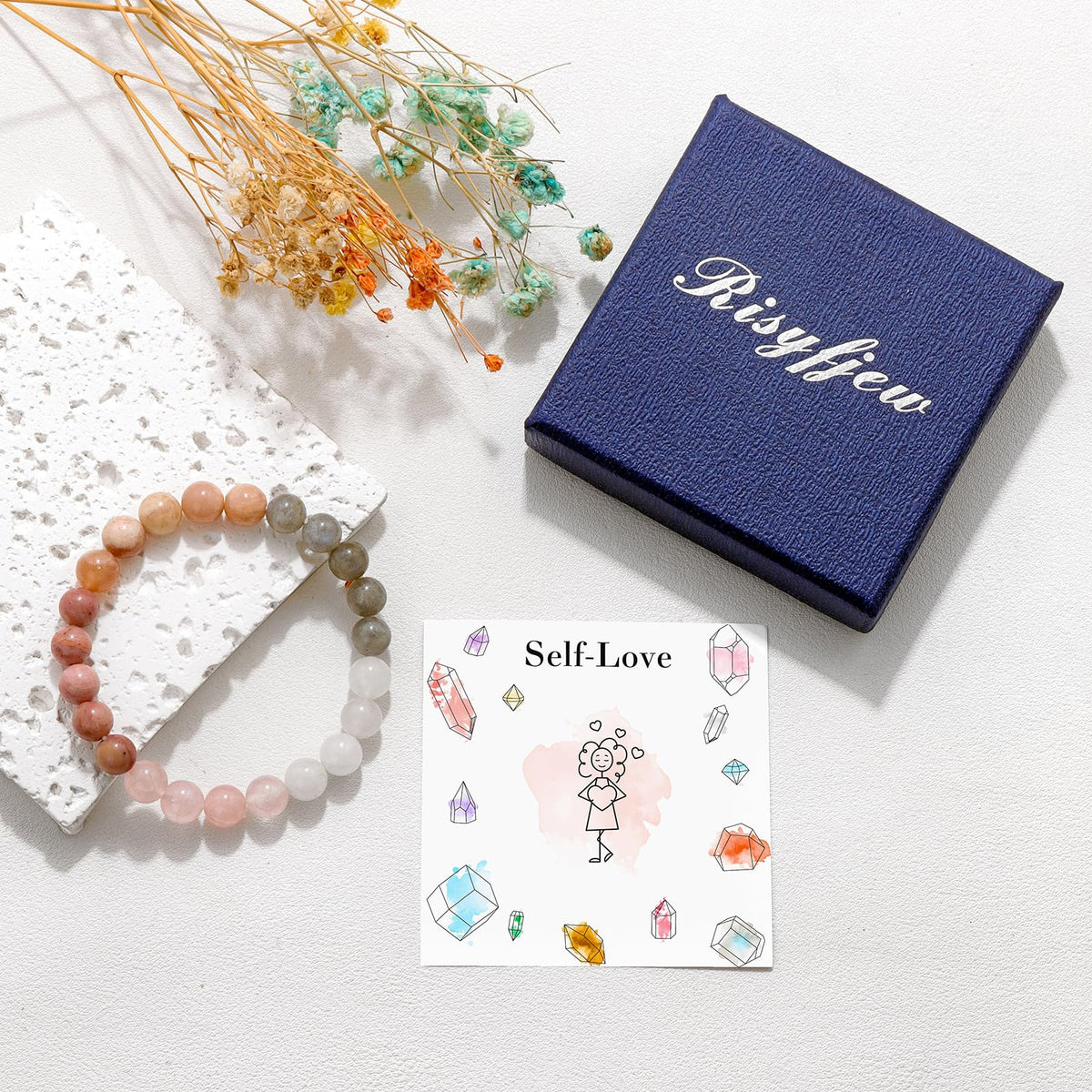 Risyfjew Natural Healing Crystal Bracelet for Women Self-Love Bracelet Protection Jewelry Gift With Rose Quartz Rhodochrosite Labradorite Sunstone