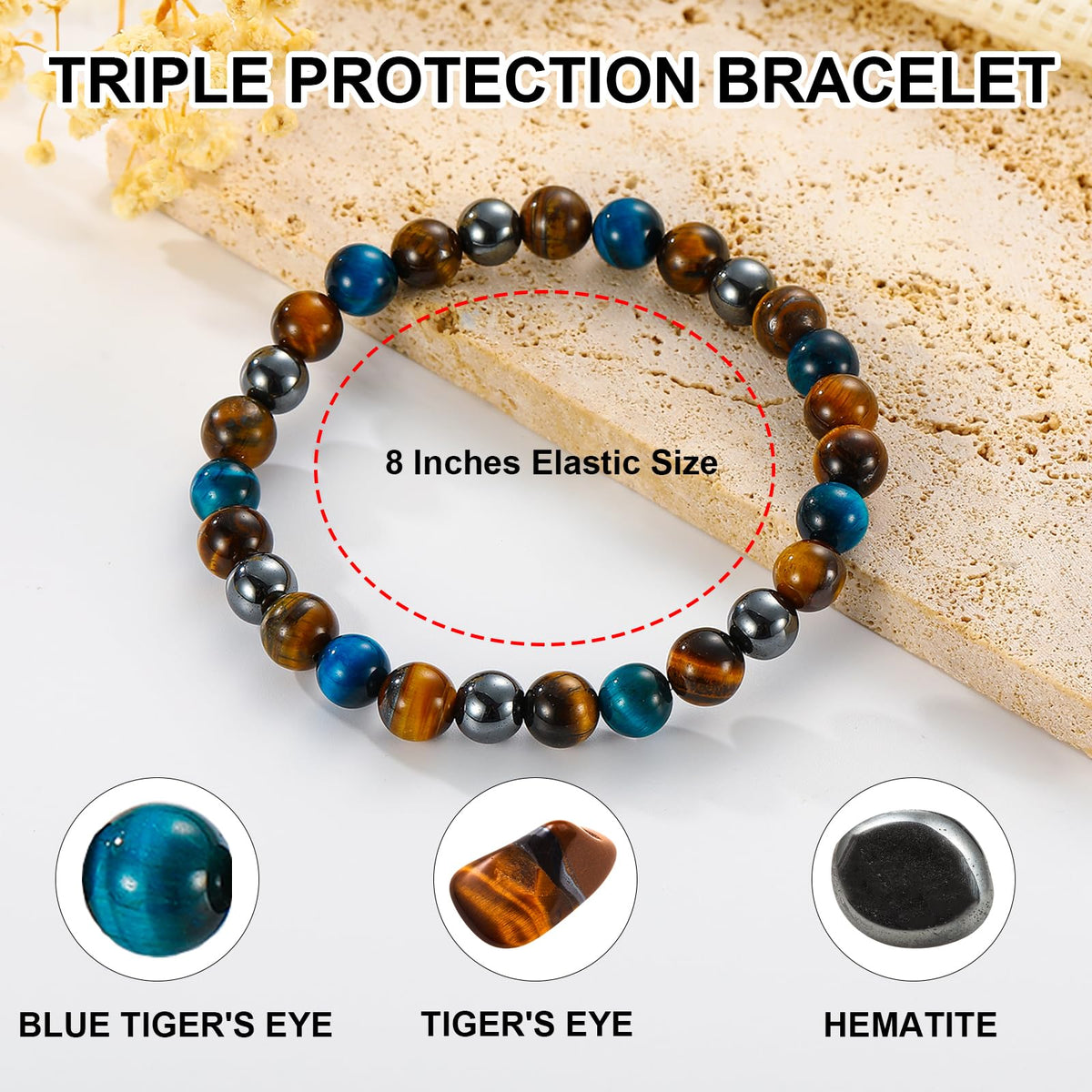 Gnamy Triple Protection Beaded Bracelet Gifts for Men, Bule Tiger Eye Hematite Bracelets Christmas Birthday Valentines Anniversary Healing Sobriety Jewelry Gifts for Husband Dad Boyfriend Brother Him