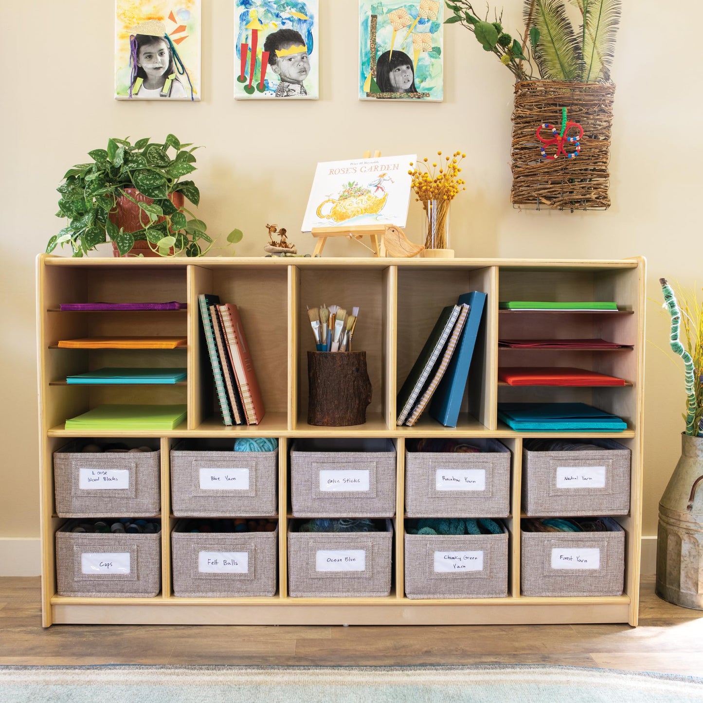 Guidecraft EdQ Shelves and 10 Bin Storage Unit- Natural: Multi-Functional Cube Storage Organizer or Bookcase, Wooden Cabinet for School and Home, Teacher's Book Cubby and Toy Shelf