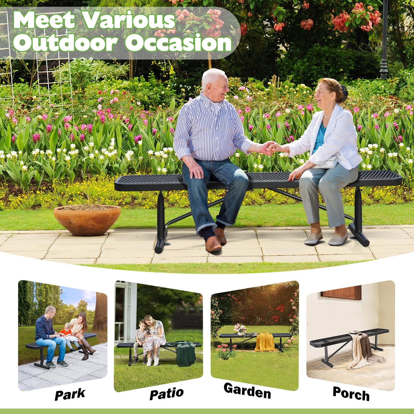 Gaonala Heavy Duty Outdoor Metal Garden Park Bench, Steel Picnic Bench, Metal Mesh Outdoor Bench Porch Chair for Garden, Lawn, Patio, Porch, Park, Yard, Patio (Black, 6FT)