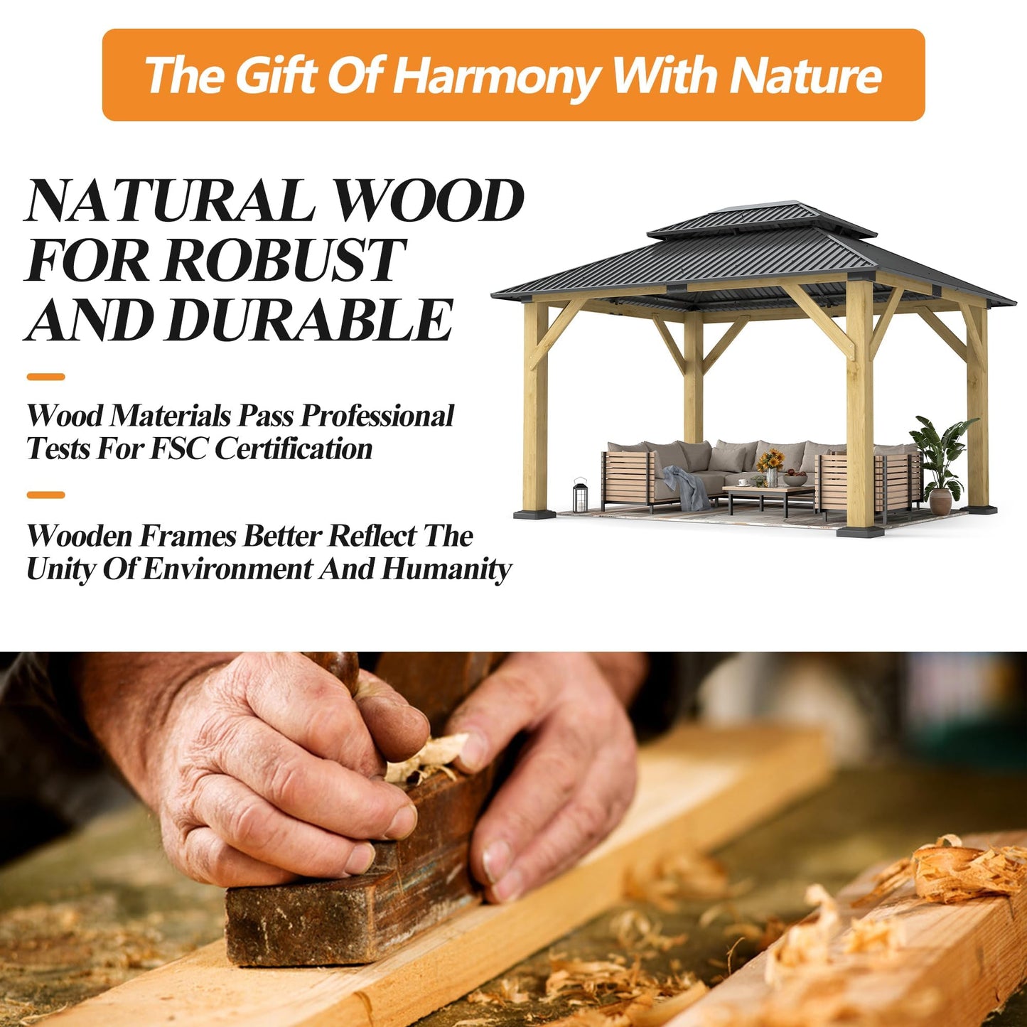 GARTOO 10' x 12' Outdoor Wooden Gazebo - Patio Hardtop Gazebo Permanent Wooden Pavilion with Galvanized Steel Double Roof, Wood Gazebos for Garden, Lawn, Poolside, Backyard Deck