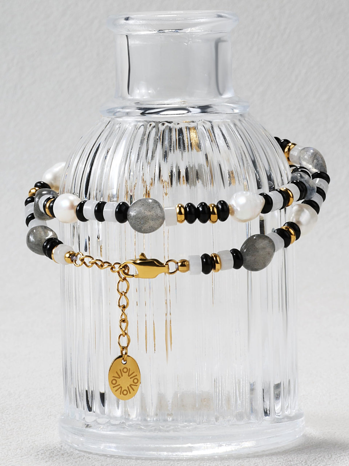Natural Gemstone & Freshwater Pearl Bracelet for Women, 18K Gold PVD-Coated, Labradorite, Black & White Chalcedony(Large)