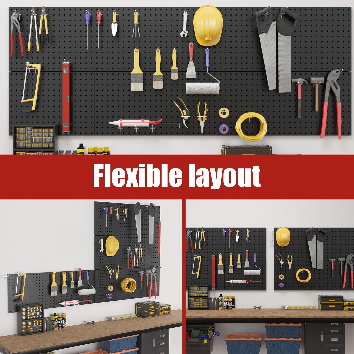 7S garage Peg Board 8 Pack Metal Pegboard Panels with 50 Hooks, Heavy Duty Pegboard Wall Organizer, Black Pegboards for Workbench, Garage Tool Storage, Office Organization, Kitchen, Craft Room