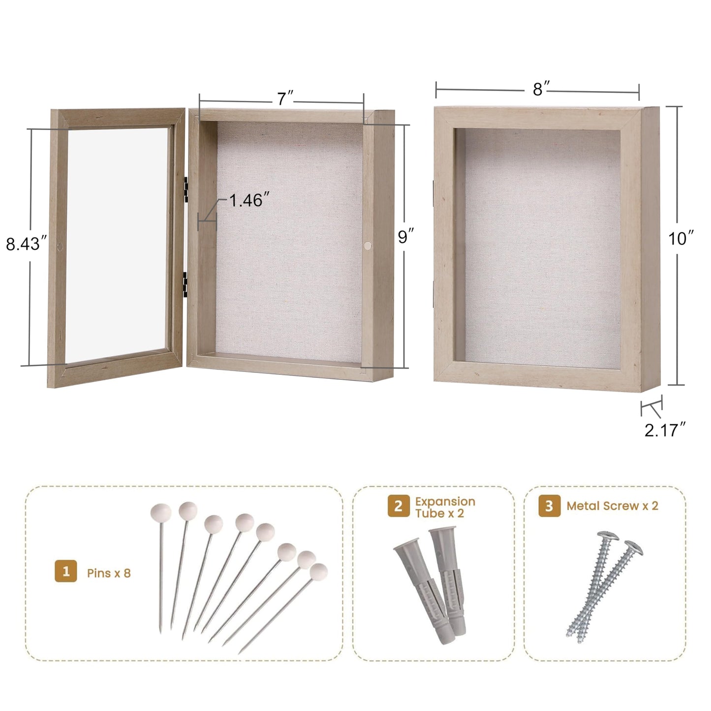 DEMAIKE 8x10 Shadow Box Frame with Linen Back, Wood Glass Display Case for Medals, Photos, Memorabilia, Awards - Pins Included- Champagne