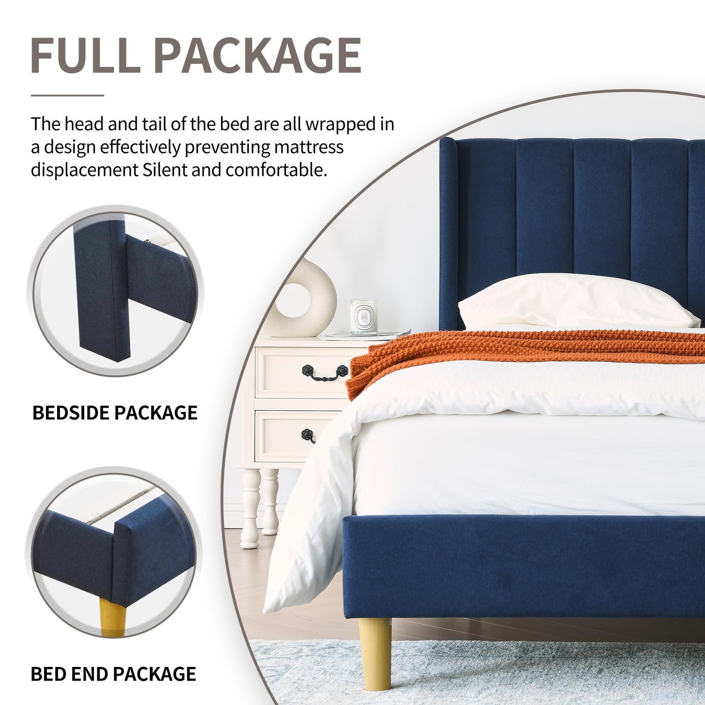 YUHUASHI upholstered Platform Bed Frame/Full Bed Frame/Modern Geometric Double-Wing Design headboard/Linen Fabric/Easy to Assemble no Noise (Navy Blue, Full)