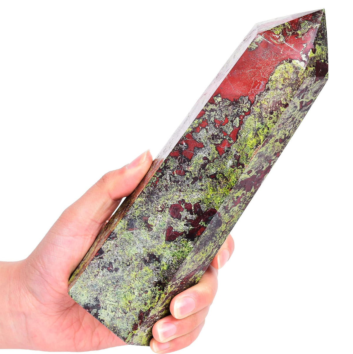 AMOYSTONE Bloodstone Obelisk Large Healing Crystal Wand Tower 6 Faceted Column Reiki Chakra Meditation Therapy Green Red 1.1-1.7 LBS