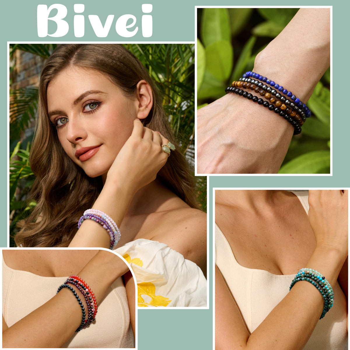 Bivei Moonstone - Receptive - 4mm Beaded Bracelets for Women Handmade Semi Precious Natural Stone Stretch Elastic Jewelry Yoga Protection Gifts