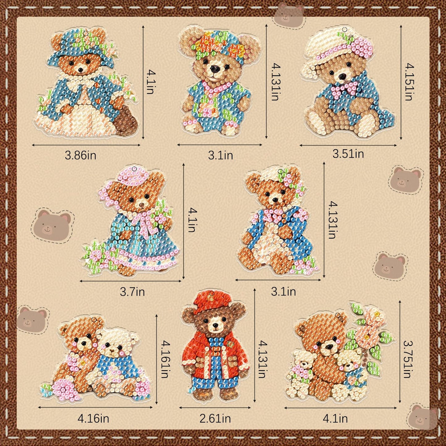 YUE ZHE 8 PCS Diamond Painting Keychains Double Sided Bear Diamond Art Kits for Adults DIY 5D Painting Keychains Ornaments for Adults Beginners DIY Crafts Decor