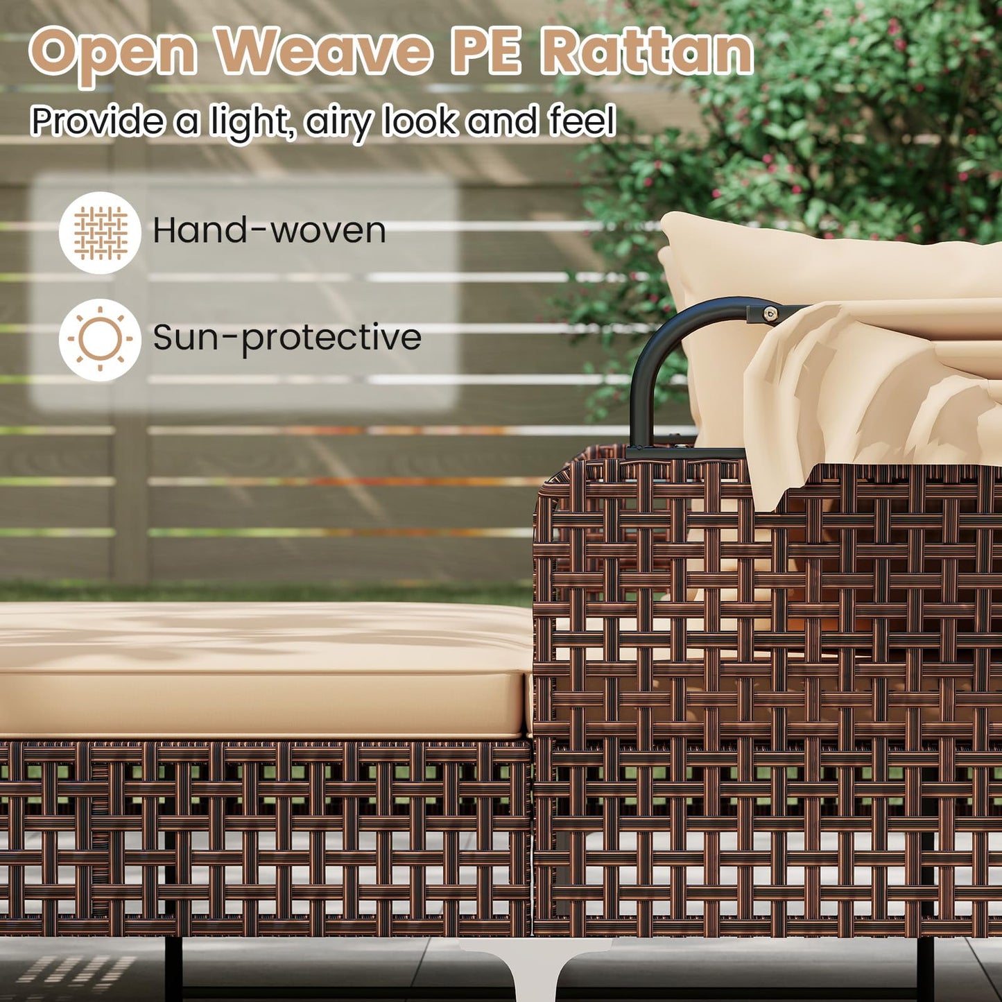 HAPPYGRILL Outdoor Daybed with Retractable Canopy, PE Wicker Rattan Patio Double Chaise Lounger with Cushions, Outside Sunbed Furniture for Garden, Poolside and Backyard (Beige)