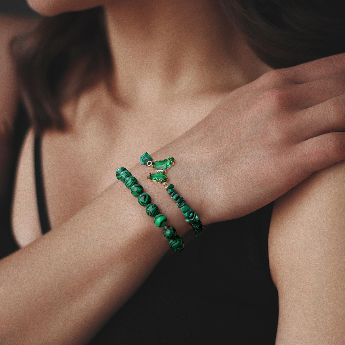 GolbalJew Malachite Stone Bracelet for Women Healing Crystal Stone Bracelets Green Gemstone Beads Stretch Bracelet Butterfly Charms Jewelry Women Gift