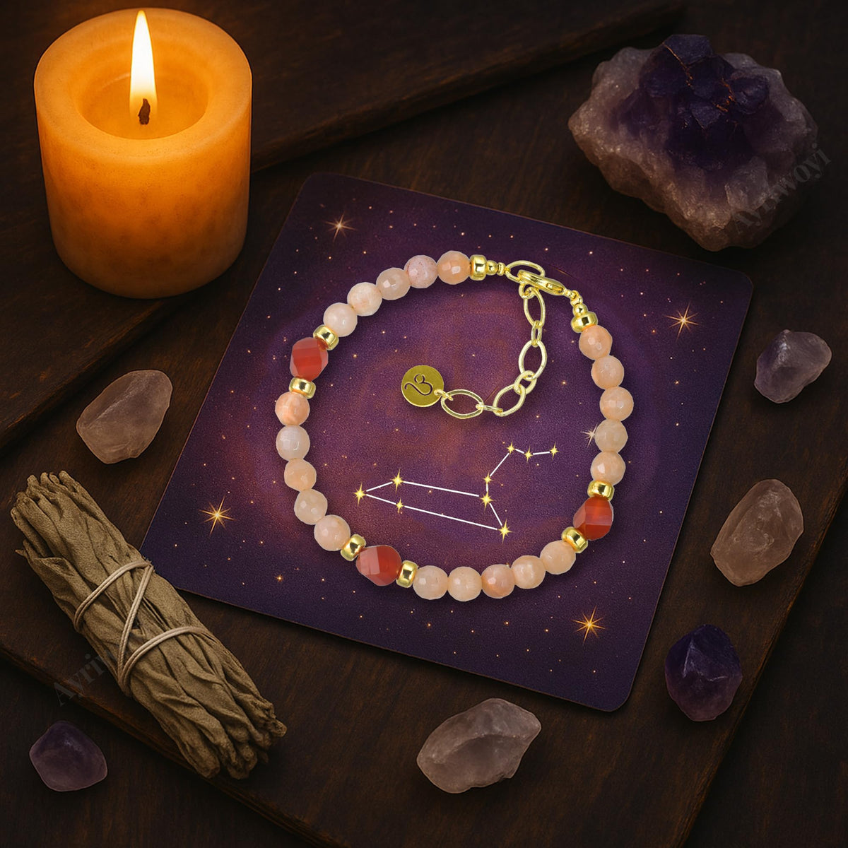 Ayriwoyi Leo Zodiac Bracelet Sunstone Bracelet 12 Constellations Carnelian Crystal Healing Energy Bracelets Astrology Jewelry Gift for Women