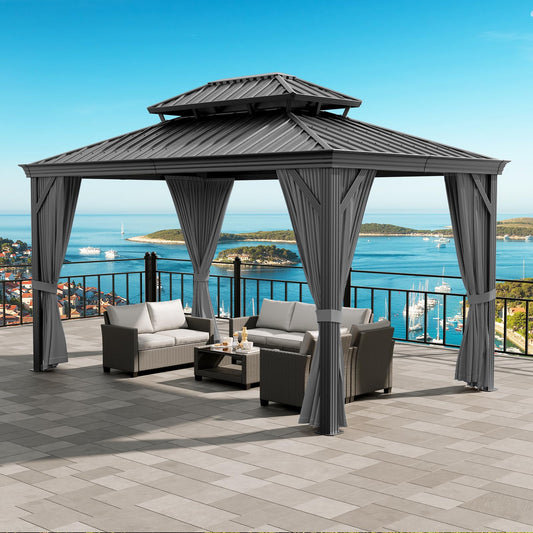 12'x16' Hardtop Gazebo, Heavy Duty Aluminum Permanent Hardtop Gazebo Outdoor Pavilion with Curtains and Netting for Garden