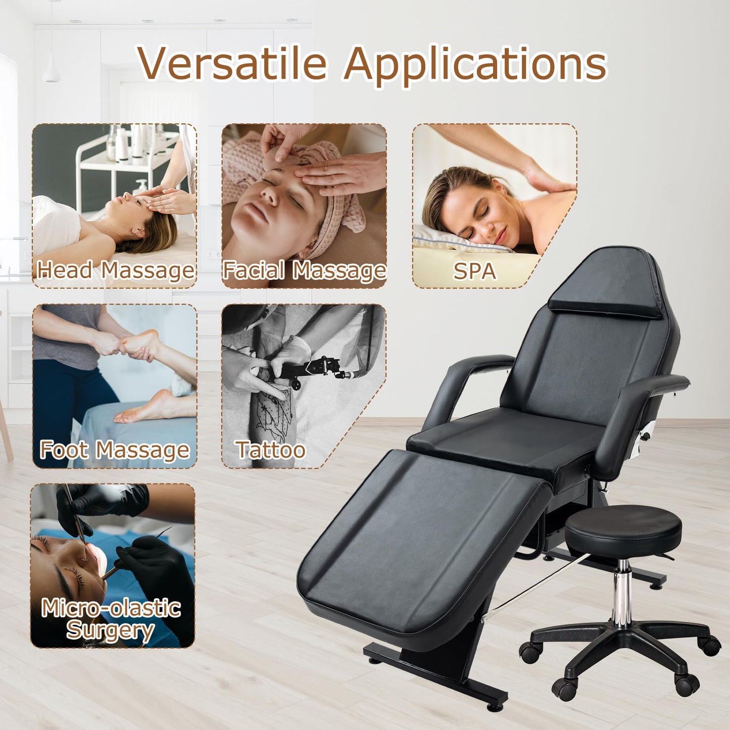 WZONICE98 3-Section Adjustable Facial Bed and Tattoo Chair, Hydraulic Stool with 2 Trays, 330lbs Capacity Massage Salon Spa Chair, Multi-Purpose Esthetician Lash Bed for Waxing Beauty Barber Black