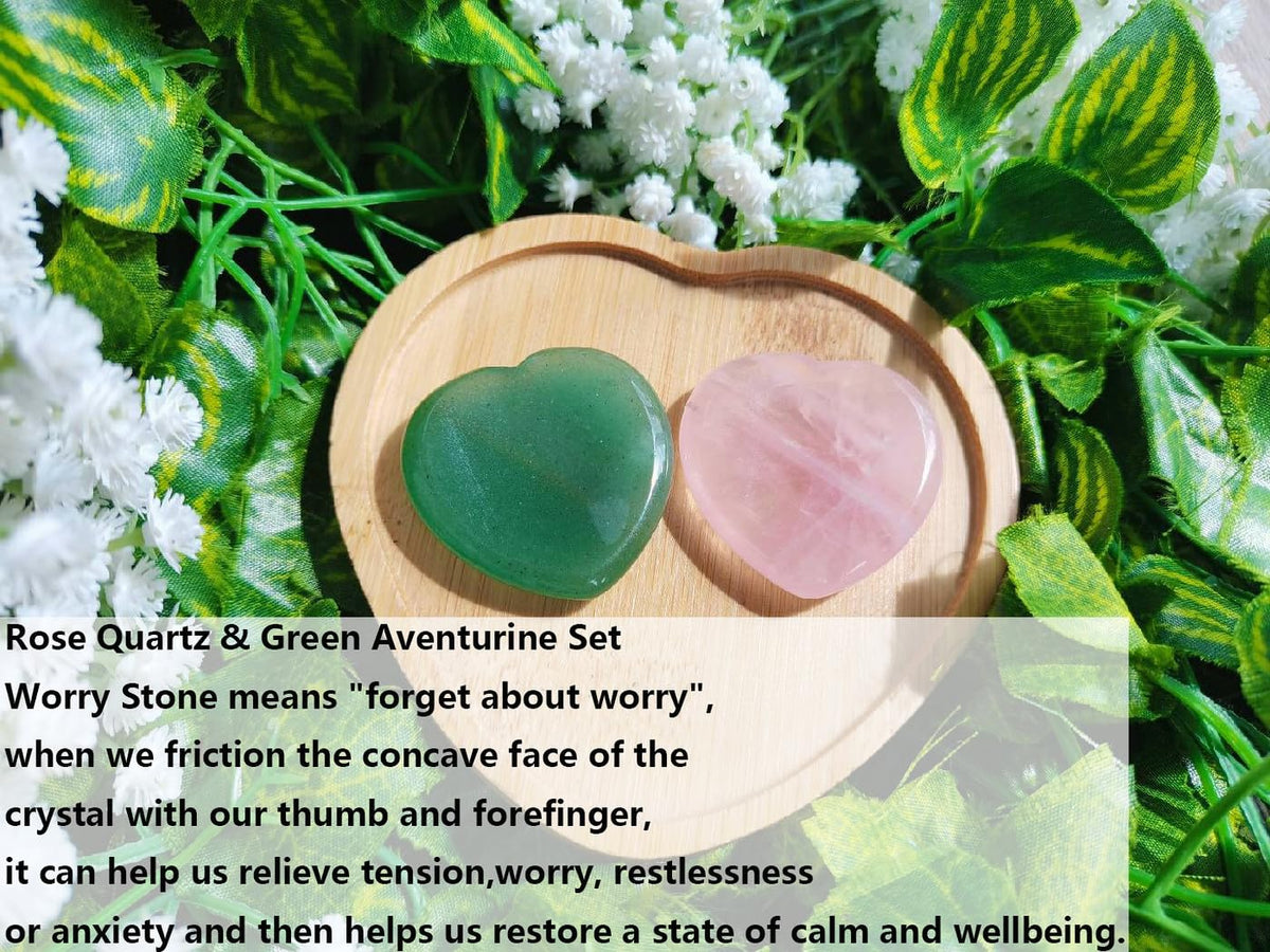 QINJIEJIE 2PCS Heart Crystal Thumb Worry Stone for Anxiety Rose Quartz Green Aventurine Crystals Palm Polished Gemstone Pocket Massage Heart Gem Anxiety Relief Item Meditation Gift for Women