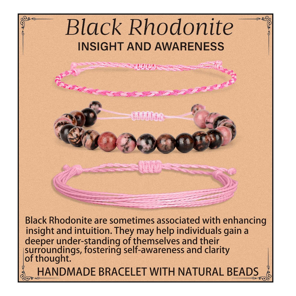 QOGIR Handmade Healing Stones Bracelet,8mm Natural Black Rhodonite Gemstone Beads Bracelet,for Men Women Gifts with 2PCS Size Adjustable Rope Bracelets