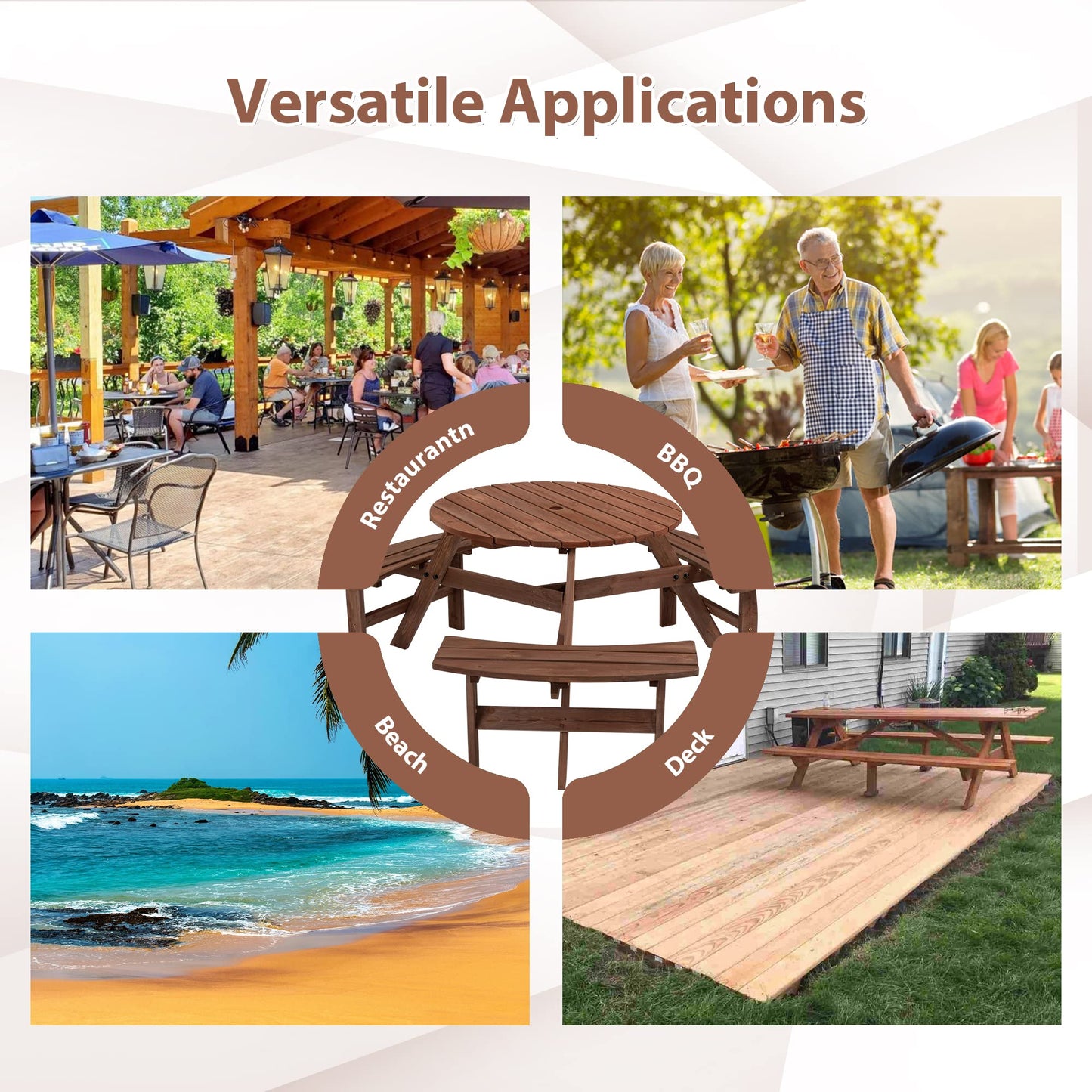 BIFULDYO 6-Person Round Outdoor Table and Chairs for Patio, Backyard, Wooden Garden Picnic Table with 3 Benches, 1720 Lb Capacity (Brown)