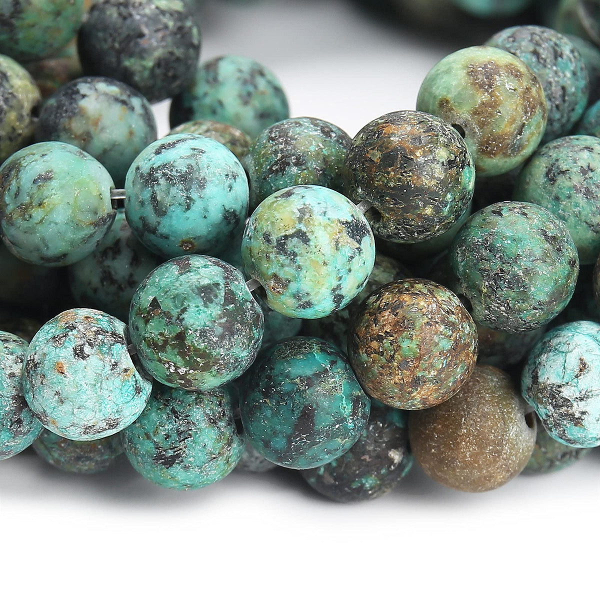 Natural Matte African Turquoise Beads, 10MM Round Frosted Unpolished Loose Gemstone Beads for Bracelet Necklace Jewelry Making, Energy Stone Healing Power with Stretch Beading Cord