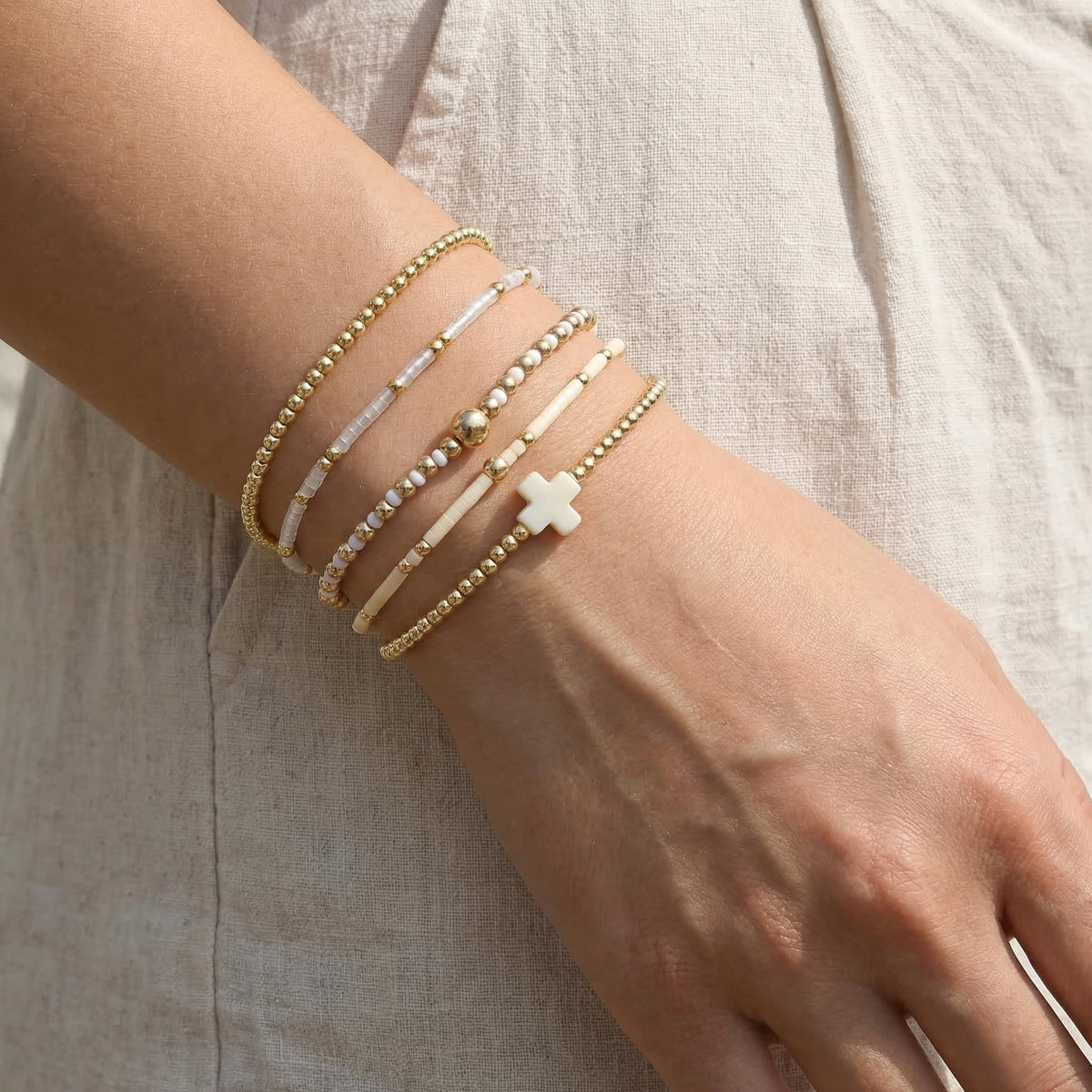 Bohxantium Gold Beaded Stretch Bracelets Stack for Women - 14k Gold Stackable Elastic Cross Bracelet, White Waterproof Stretchy Seed Beads Jewelry Christian Faith Friendship Summer Beach Mothers Day Gifts