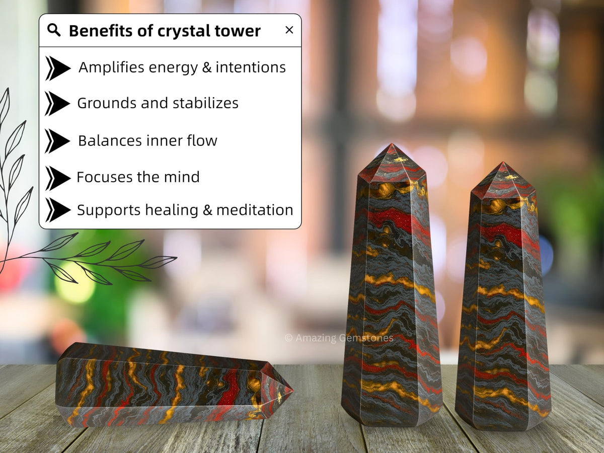 Amazing Gemstone Iron Tiger Eye Crystal Towers - Natural Healing Crystal Point Obelisk for Reiki Healing and Crystal Grid (3" to 4" INCH)
