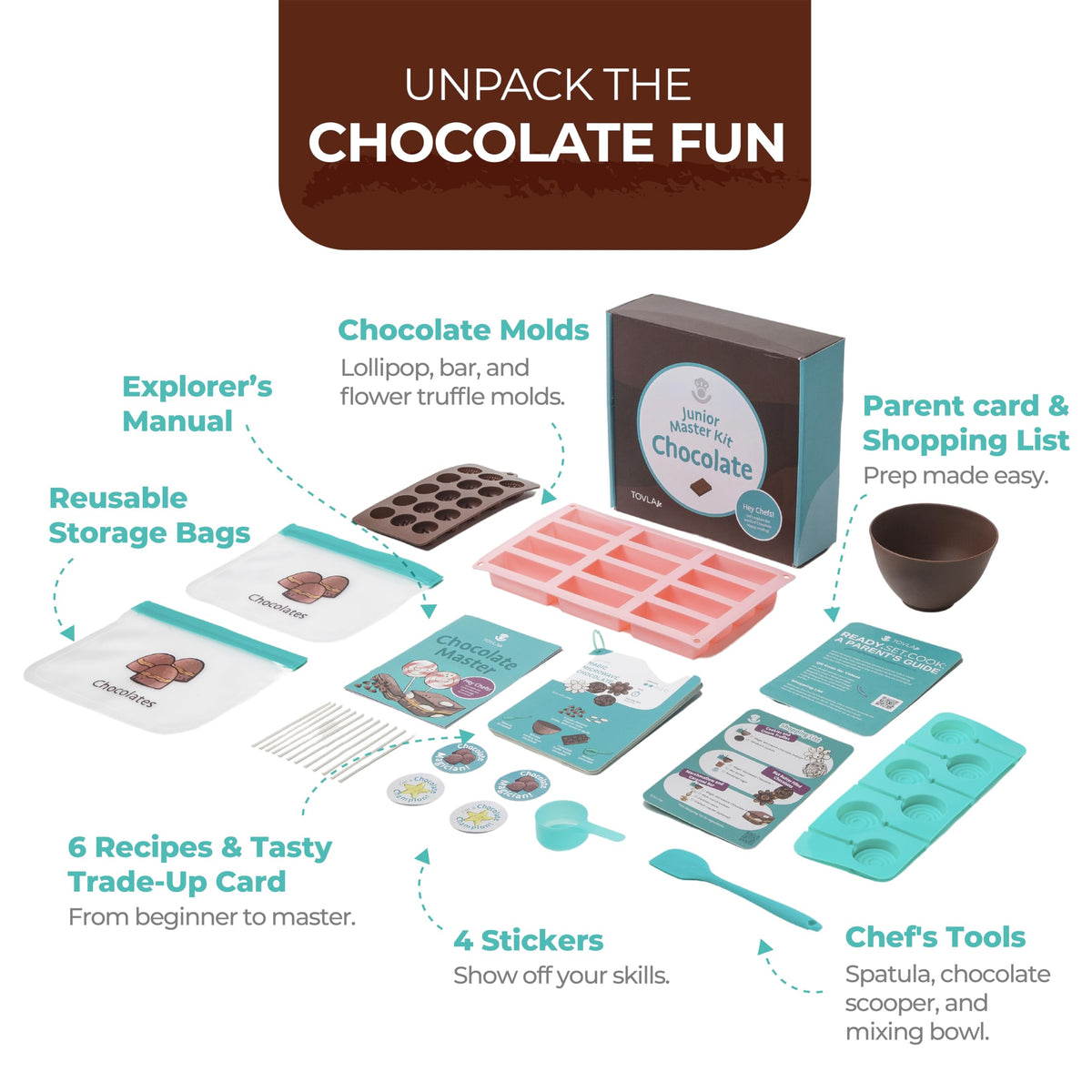 Tovla Jr. Real Chocolate Making Kit for Kids | Learn to Cook with Real Tools | Educational STEM Gift Set Ages 4+ | DIY Chocolate Activity with Visual Recipes for Boys & Girls