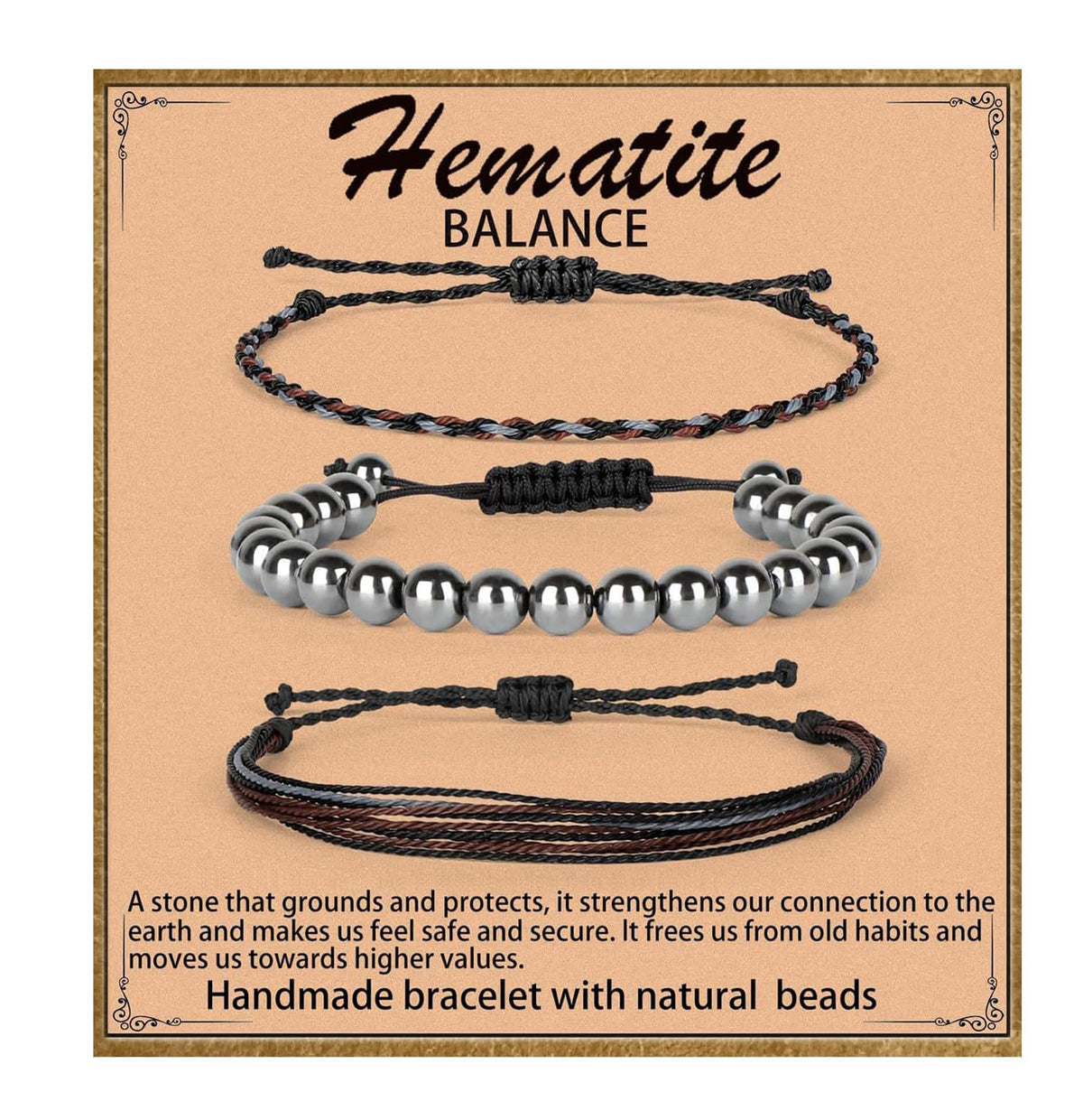 QOGIR Handmade Healing Bracelets,8mm Natural Hematite Gem Stone Beads Bracelet,for Men Women Gifts with 2PCS Size Adjustable Rope Bracelets