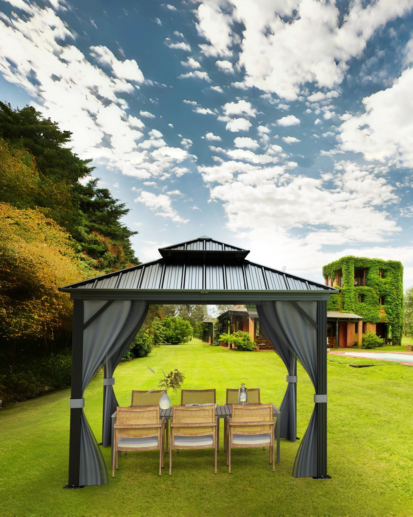 Outdoor Gazebo 12x12 Hardtop, Aluminum Frame Permanent Pavilion with Double Roof, Mosquito Netting & Privacy Curtains for Patio, Garden, Deck, Lawn and Backyard Parties