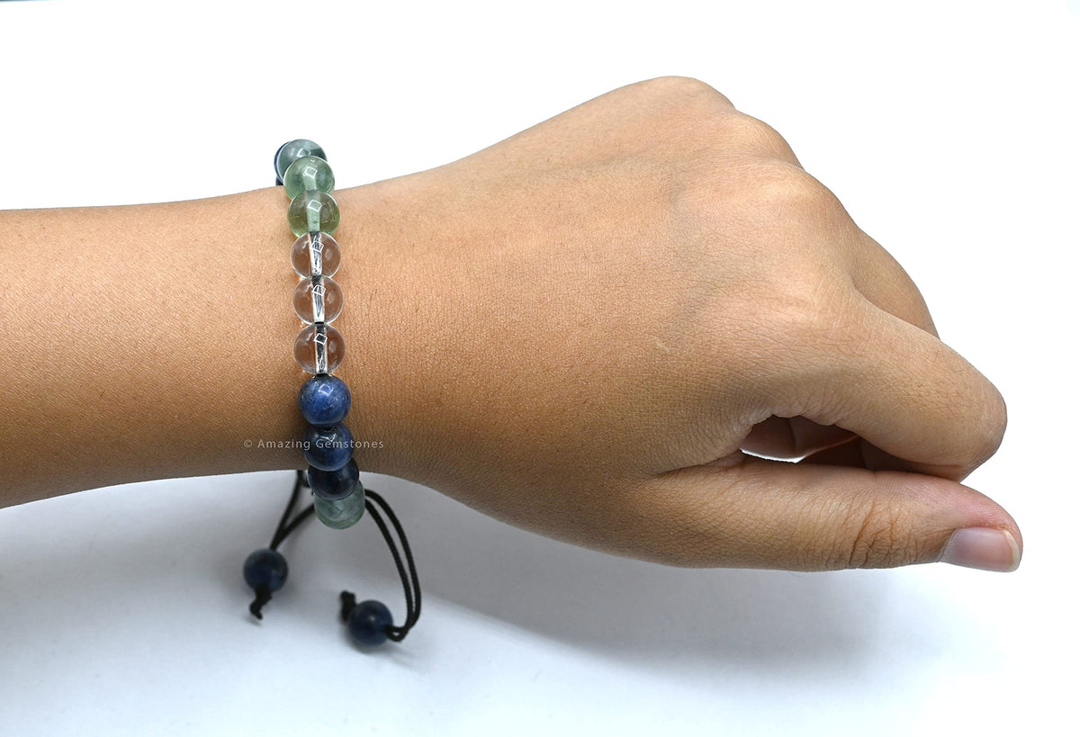 Amazing Gemstone Bracelet for Studying and Concentrating Manifestation - Sodalite Fluorite Clear Quartz Set for Men Women Healing Calming Anxiety Stress Relief Gifts Pulseras Para Hombres Mujer