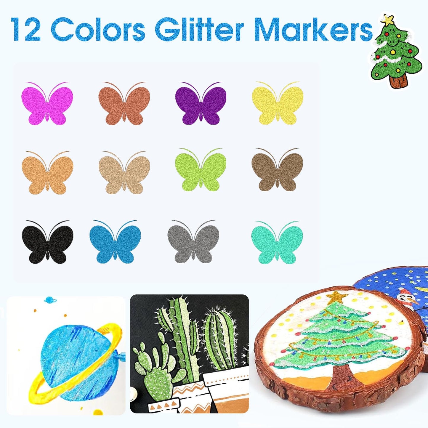 Celepen Glitter Marker Pens, 12 Colors Metallic Shimmer Glitter Markers Paint Pens, Glitter Art Marker for Adults DIY Crafts Greeting Birthday Cards Making Poster Album Scrapbooking Wood