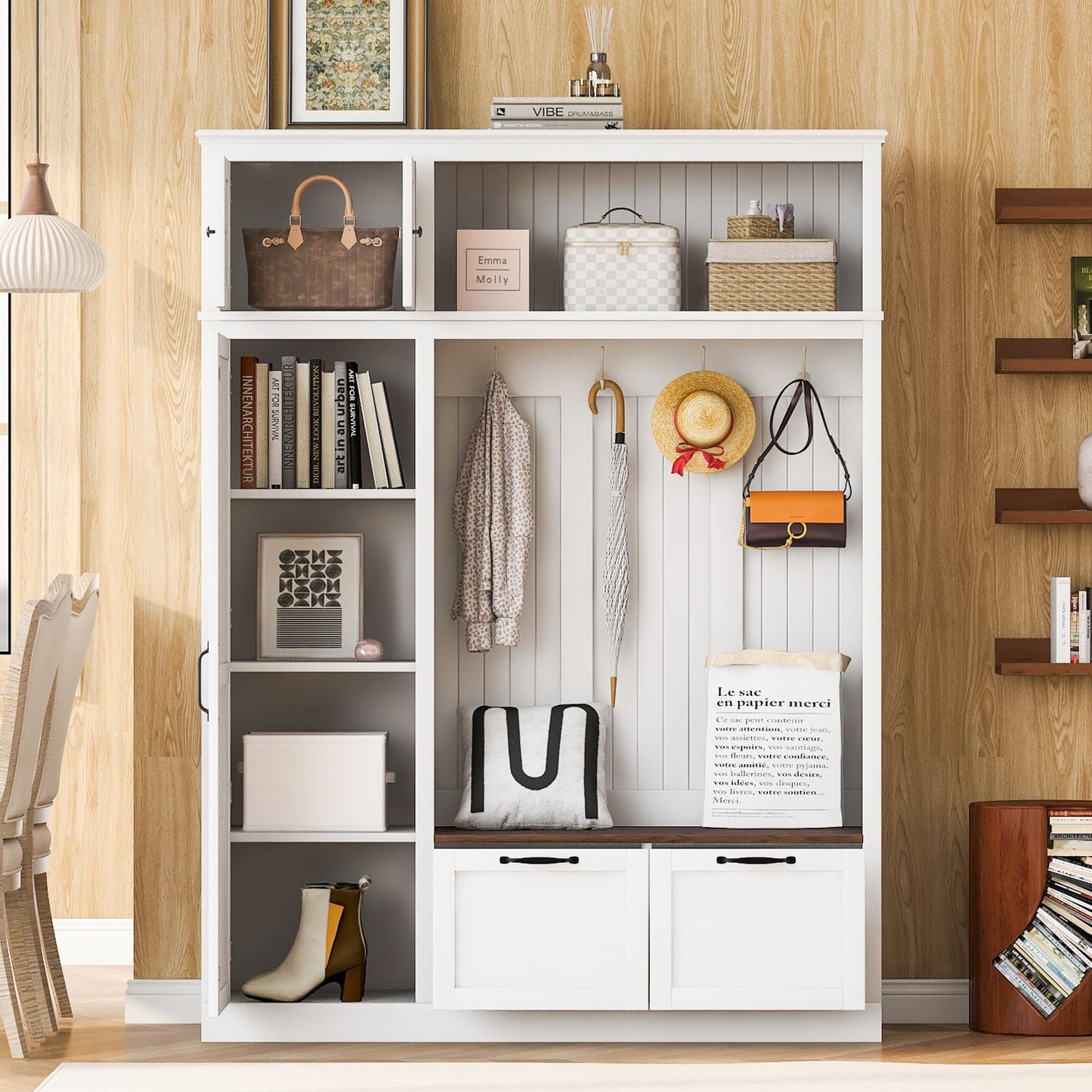 Merax 3-in-1 Hall Tree with Overhead Storage Cabinet, Adjustable Side Shelves,4 Hooks,2 Spacious Drawers,Grooved Back Panel Design, Contrasting Seat Bench,Multifunctional Entryway Organizer, White