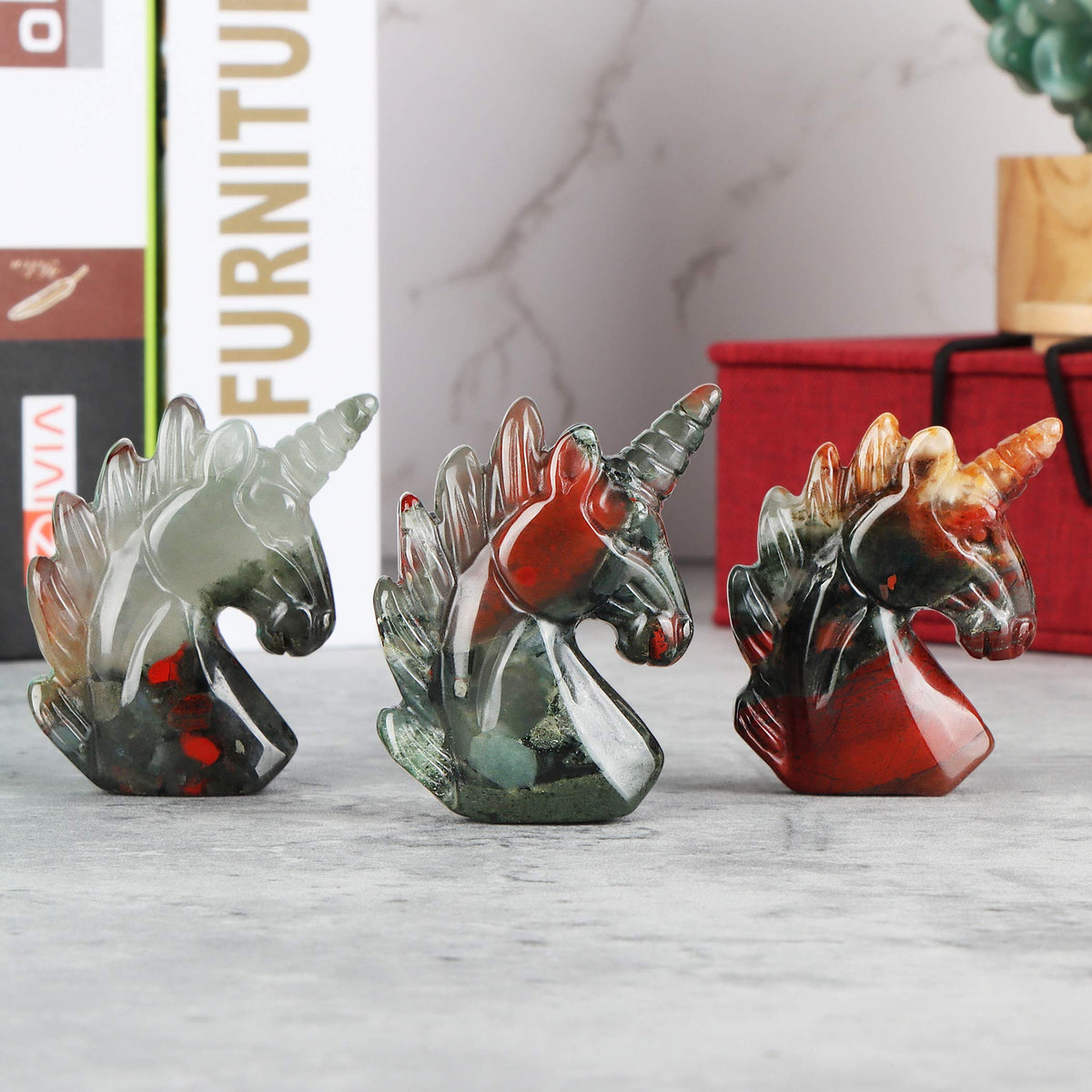 Artistone 2" African Blood Stone Jasper Crystal Unicorn Figurines Home Decor,Carved Gemstone Healing Unicorn Statues Stones Collectible Sculpture for Home,Office