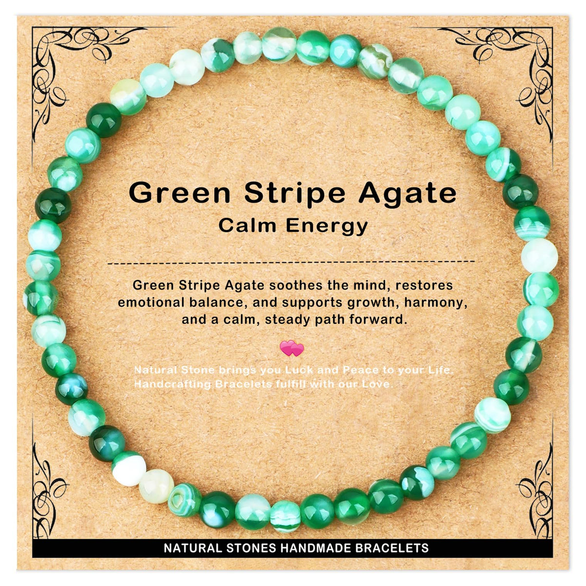 AD Beads 4mm Handmade Green Stripe Agate Elastic Bracelet – Natural Gemstone for Calm energy – Meditation, Yoga, Healing and Energy Gift for Men Women