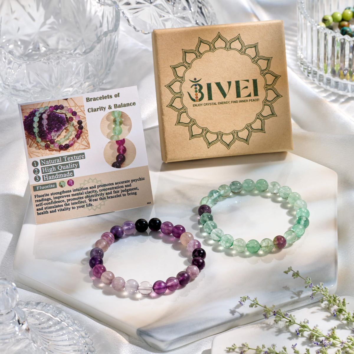 Bivei Natural Gemstone Semi Precious Crystals Handmade Stretchy Round Beads Bracelet, Enhance Positive Energy,Stocking Stuffers for Women(Fluorite(Clarity & Balance) Medium)