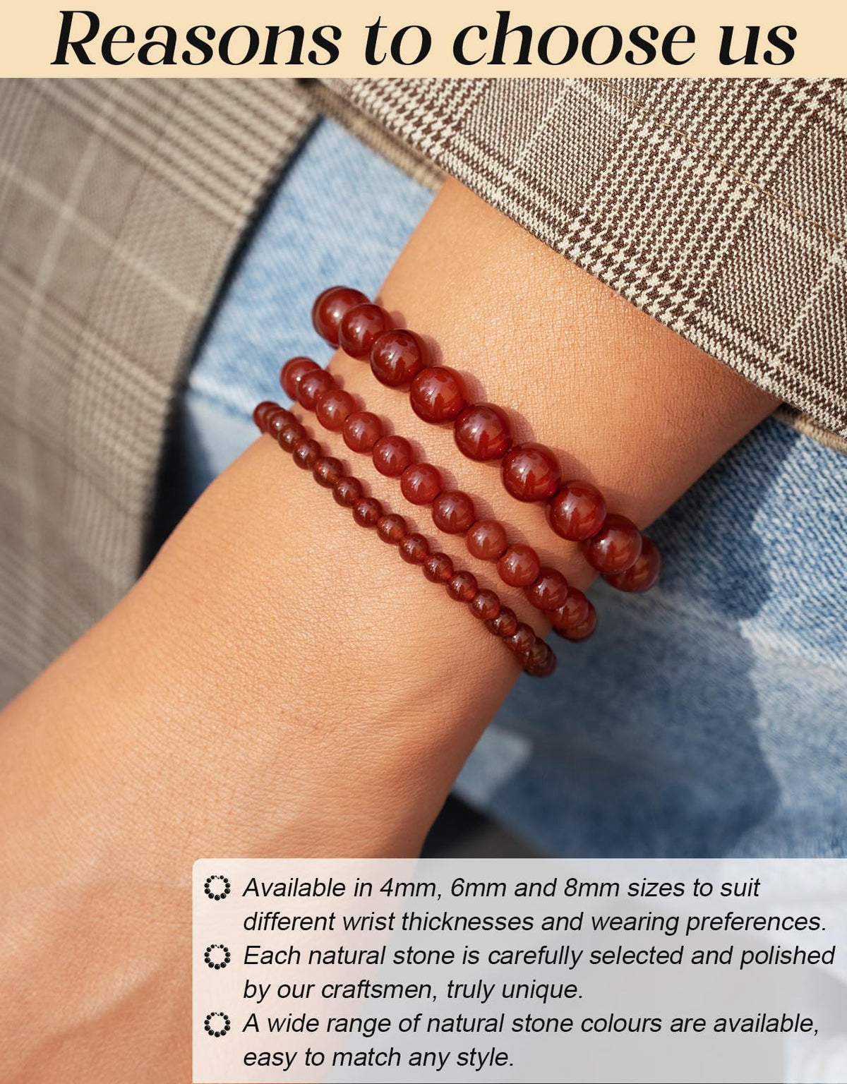 Landorilo Beaded Bracelet for Men Women, 4mm Natural Stone Carnelian Healing Crystal Stretch Bracelets, Ideal Christmas Birthday Jewelry Gifts with Energy Card，Replacement Beads Included