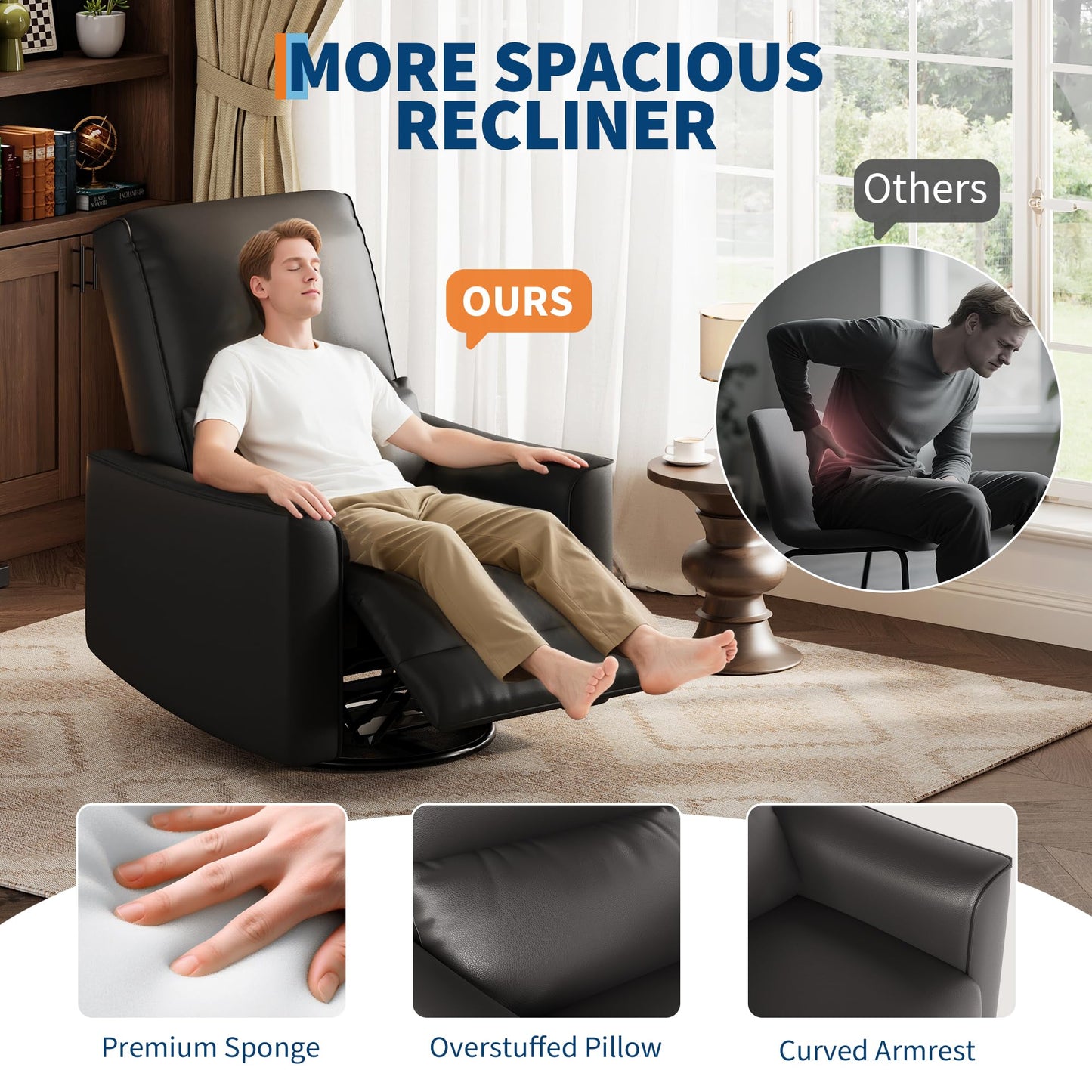 IDEALHOUSE Swivel Rocking Nursery Recliner Chair Rocker Recliner Glider Deep Seat PU Leather Sofa Chair with high Backrest for Nursery, Living Room, Bedroom & Home Movie Theater (Black)