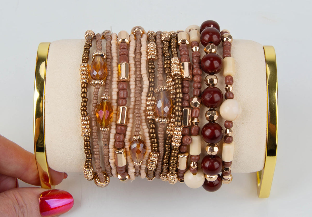 SPUNKYsoul "Naomi Stretch Bracelet Stack | 16 Individual Beaded Stretch Bracelets | Neutral Earth Tone Boho Layered Jewelry Set (Brown & Gold)