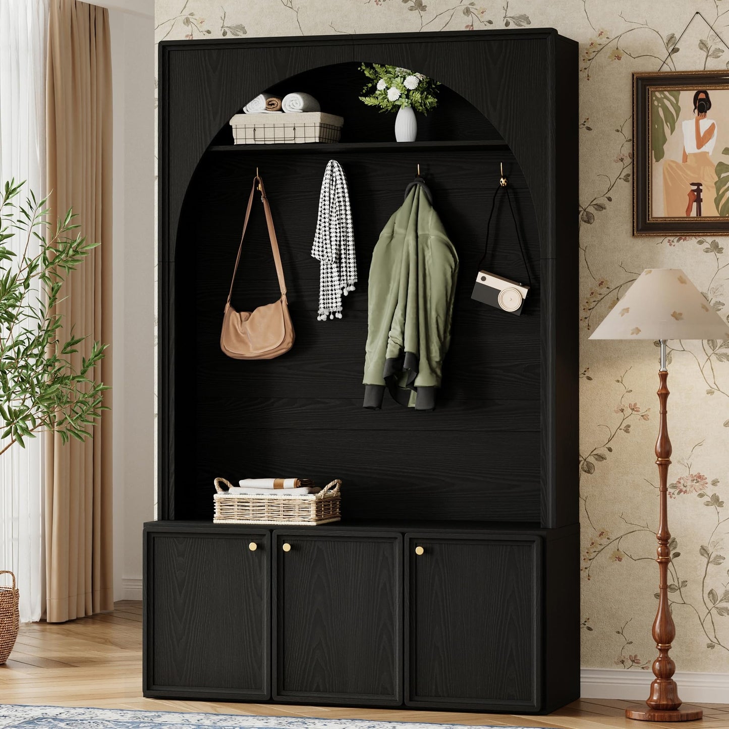 Merax Farmhouse Hall Tree with Bench and 3 Cabinets, 4-in-1 Entryway Coat Rack with 4 Golden Hooks and Top Compartments, 77.5" Retro Arched Entryway Hall Tree for Hallway, Mudroom, Entrance, Black