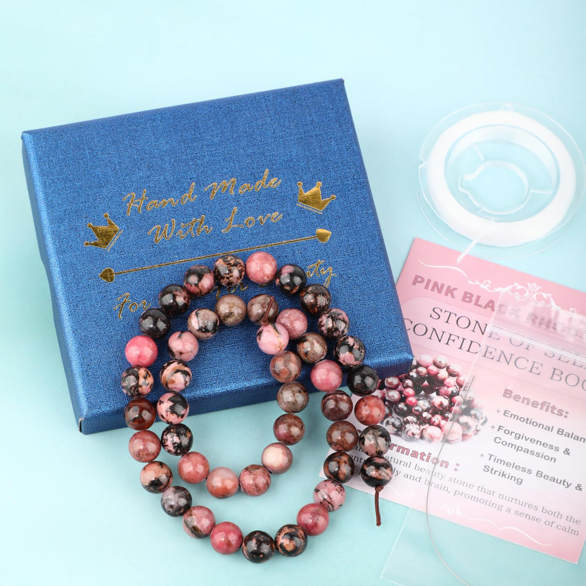 CMBYN Natural Stone Beads Round Genuine Real Stone Beading Strand Loose Gemstones DIY Smooth Bead for Bracelet Necklace Earrings Jewelry Making (Pink Black Rhodonite, 8mm 45 Pieces)