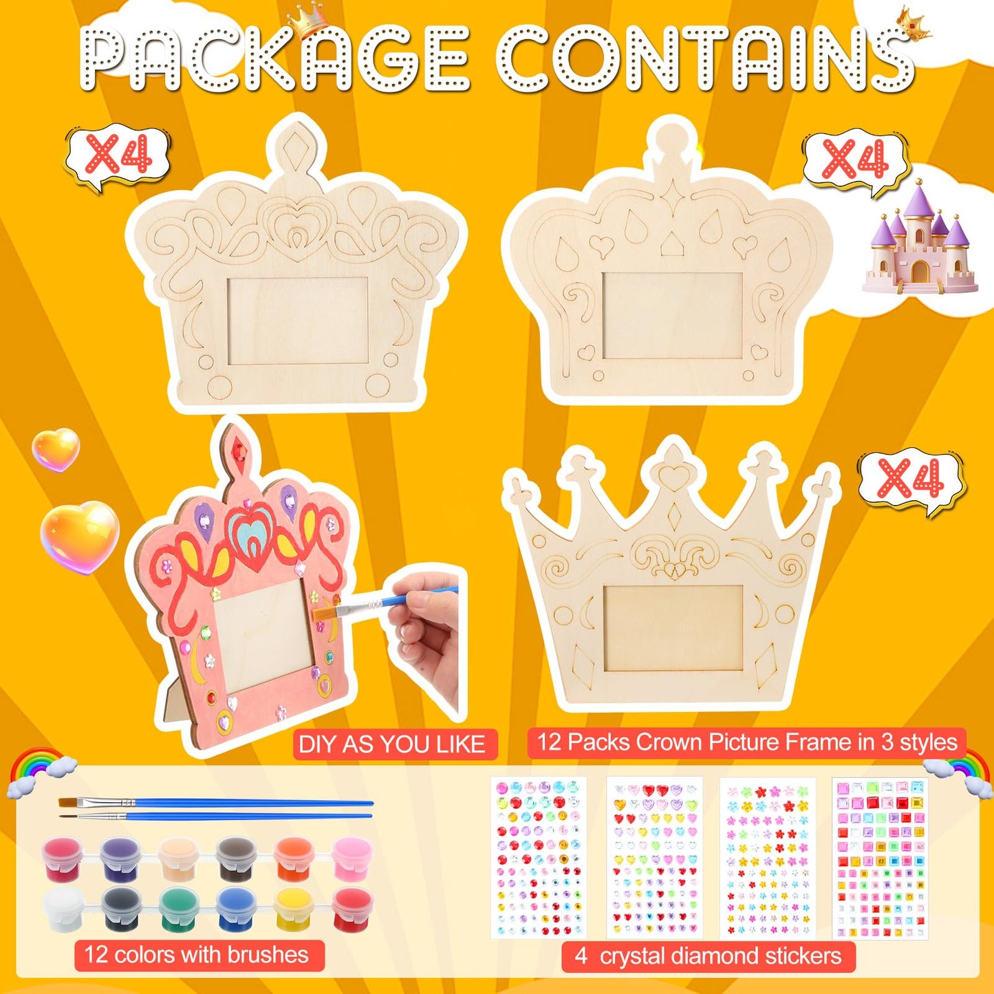 Blueweenly 12 Pcs DIY Picture Frame Painting Craft Kits for Kids Wooden Crown Princess Party Favors Paint and DIY Your Own Frame with 88 Cell Rhinestone Stickers 12 Color Paint Girl Birthday (Square)