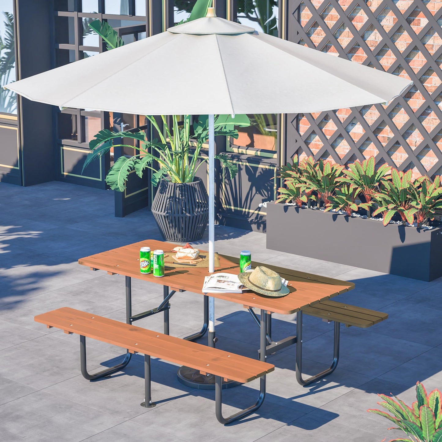 72" Rectangular Outdoor Picnic Table for 6 Person,Heavy Duty Wooden Dining Set with Built-in Benches,Metal Legs,1.97" Umbrella Hole,Waterproof&Corrosion-Resistant,Ideal for Garden, Backyard,Brown