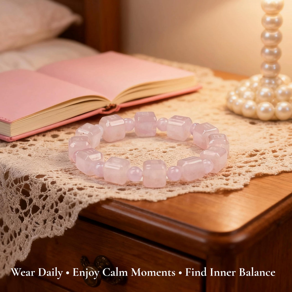 Rose Quartz Sugar Cube Healing Crystal Bracelet for Women – Love, Compassion, Emotional Balance, Stress Relief & Self-Love Energy Jewelry, Premium Gift-Box Included for Ready-to-Give Jewelry Gifts