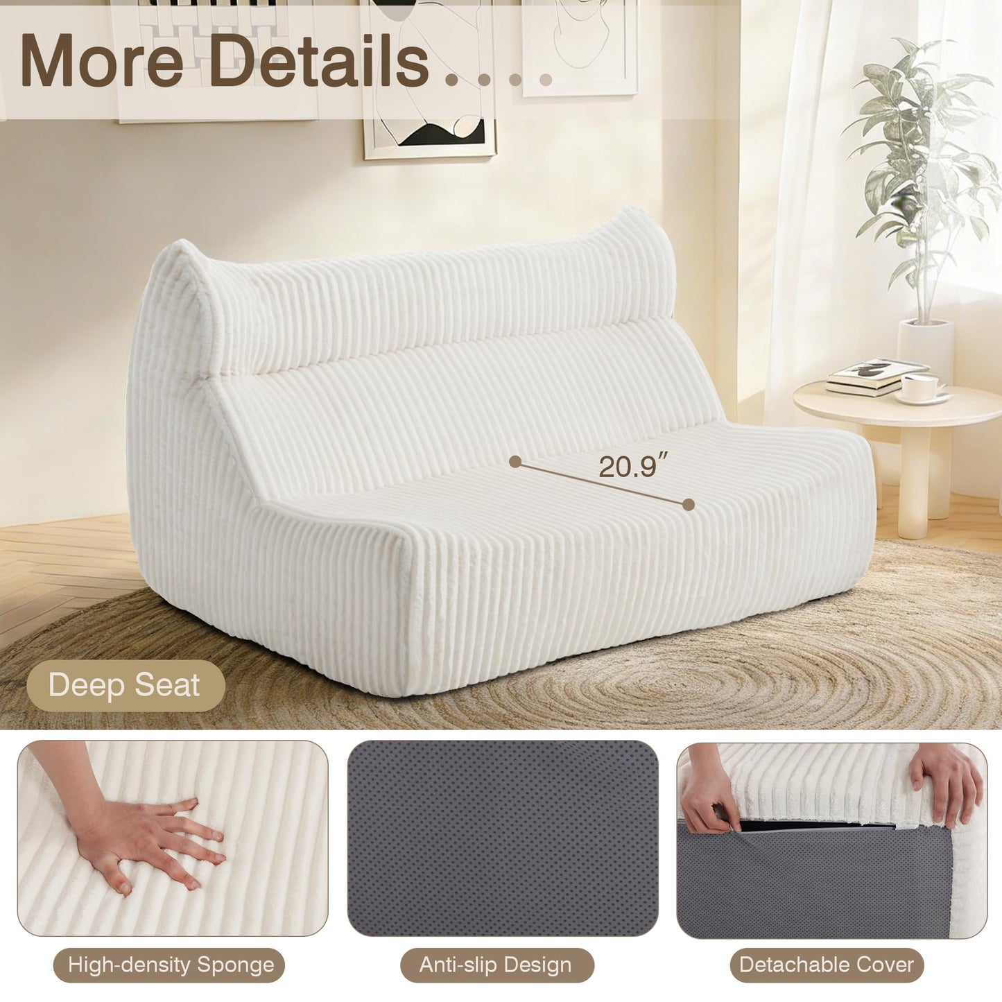 Ayiseedmid Lazy Floor Sofa, Comfy Sofa, Big Bean Bag Chairs,Fireside Chair for Living Room, Bedroom, Office (White, Loveseat)