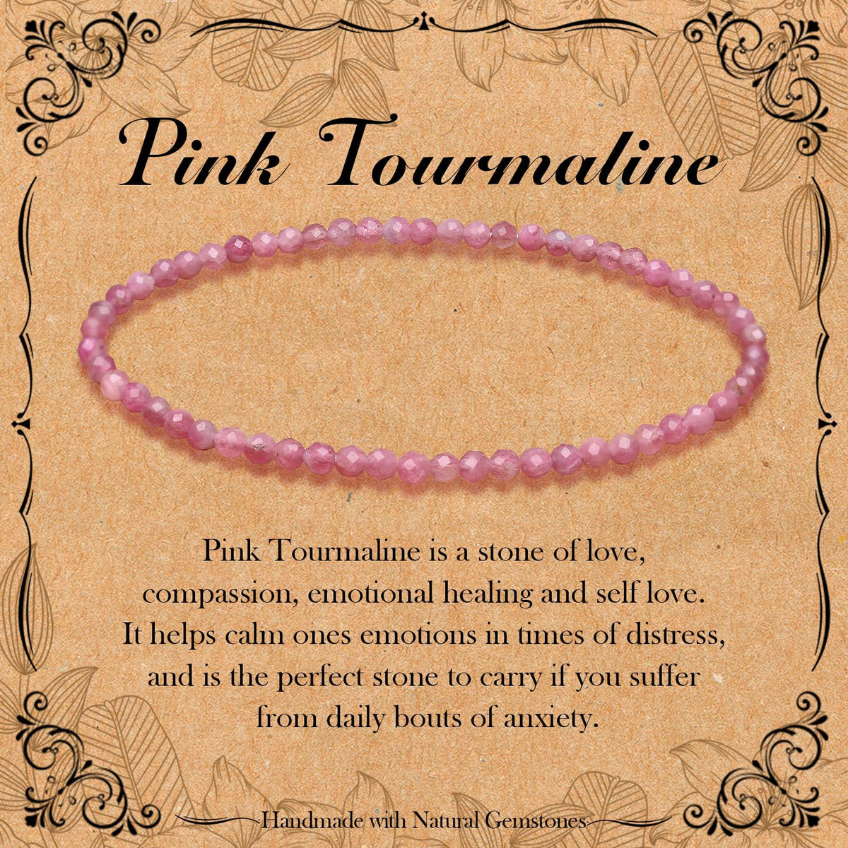BONNY BOXX Natural Genuine Gemstone Faceted Round Beads Bracelets, 3mm Adjustable Stretchy Tiny Faceted Pink Tourmaline Bracelet, Healing Crystal Reiki Chakra Dainty Jewelry Fashion Gifts