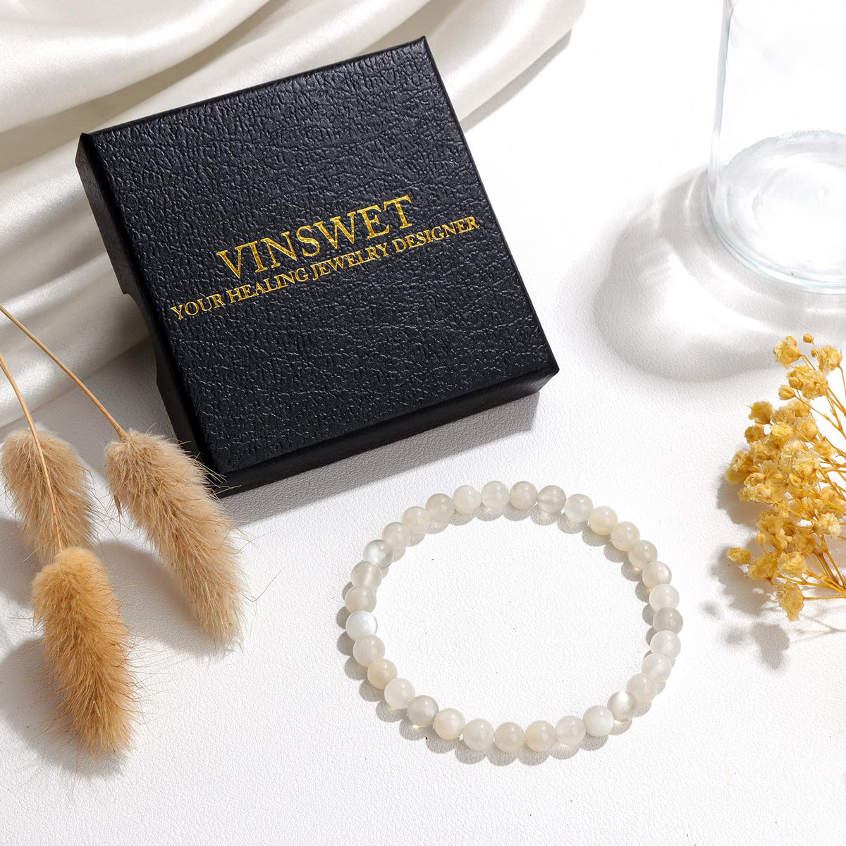 Vinswet Healing Crystal Bracelets for Women Men 6mm Moonstone Natural Stone Beaded Stretch Bracelet Handmade Gemstone Reiki Spiritual Jewelry Gifts